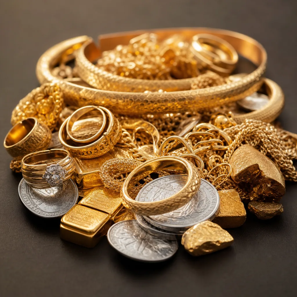 A pile of gold and silver jewellery, coins and bars