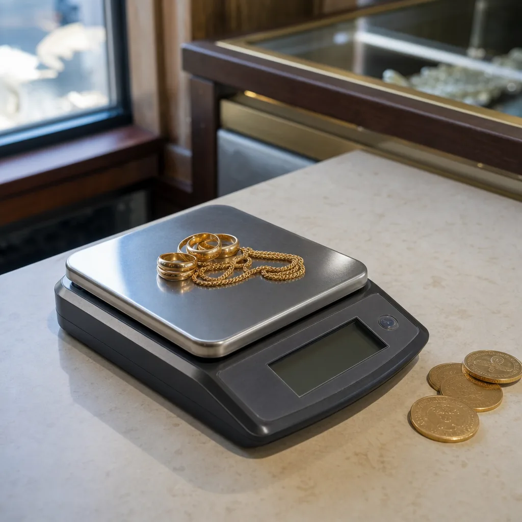 Gold rings and a chain weighed on a jeweller's precision scale