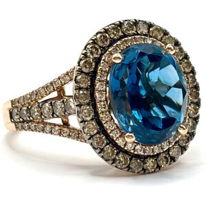 14k Rose Gold Le Vian Diamond Halo Ring - Blue Topaz Centre Stone