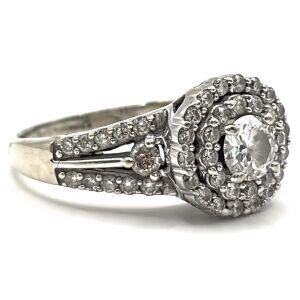 14k White Gold Diamond Ring - Round Cut Centre Stone - Diamond Halo Accents