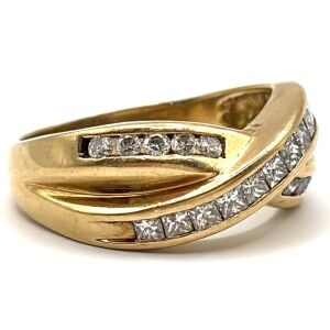 14k Yellow Gold Cross Faced Ring - Channel Set Diamond Chips