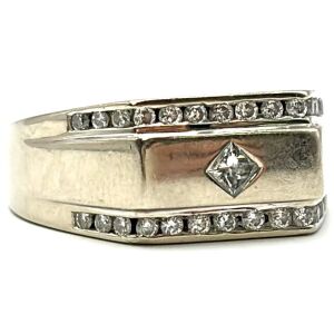 14k White Gold Men's Diamond Ring - Princess Cut Centre Stone - Channel Set Diamond Chips