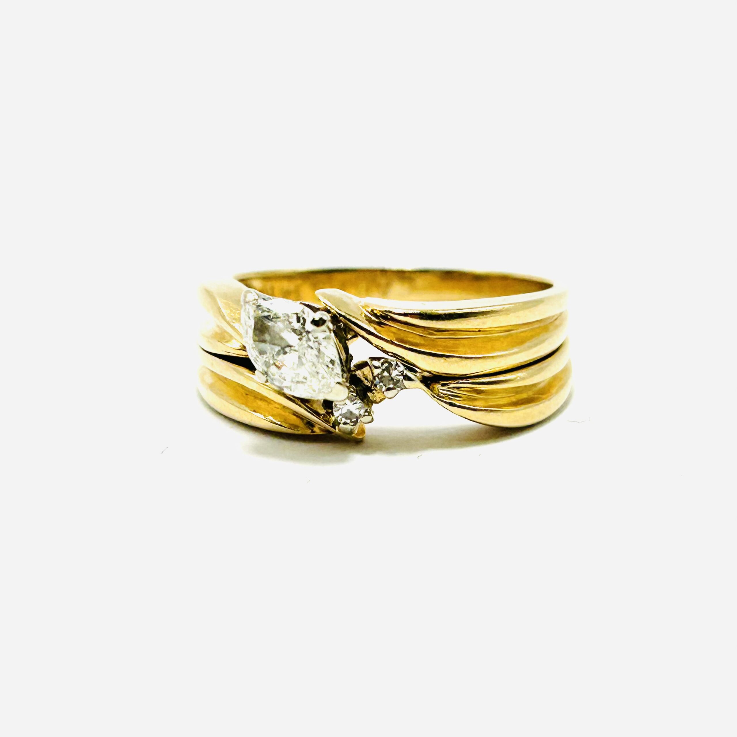 14k Yellow Gold Diamond Ring Set - .35ct Diagonal Marquis Diamond - Fitted Band w/ 2x Diamond Chips