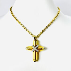 18k Yellow Chain Link Chain w/ Diamond & Blue Saphire Cross