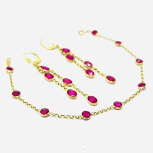14k Yellow Gold Bracelet & Dangle Earings w/ Pink Gemstones